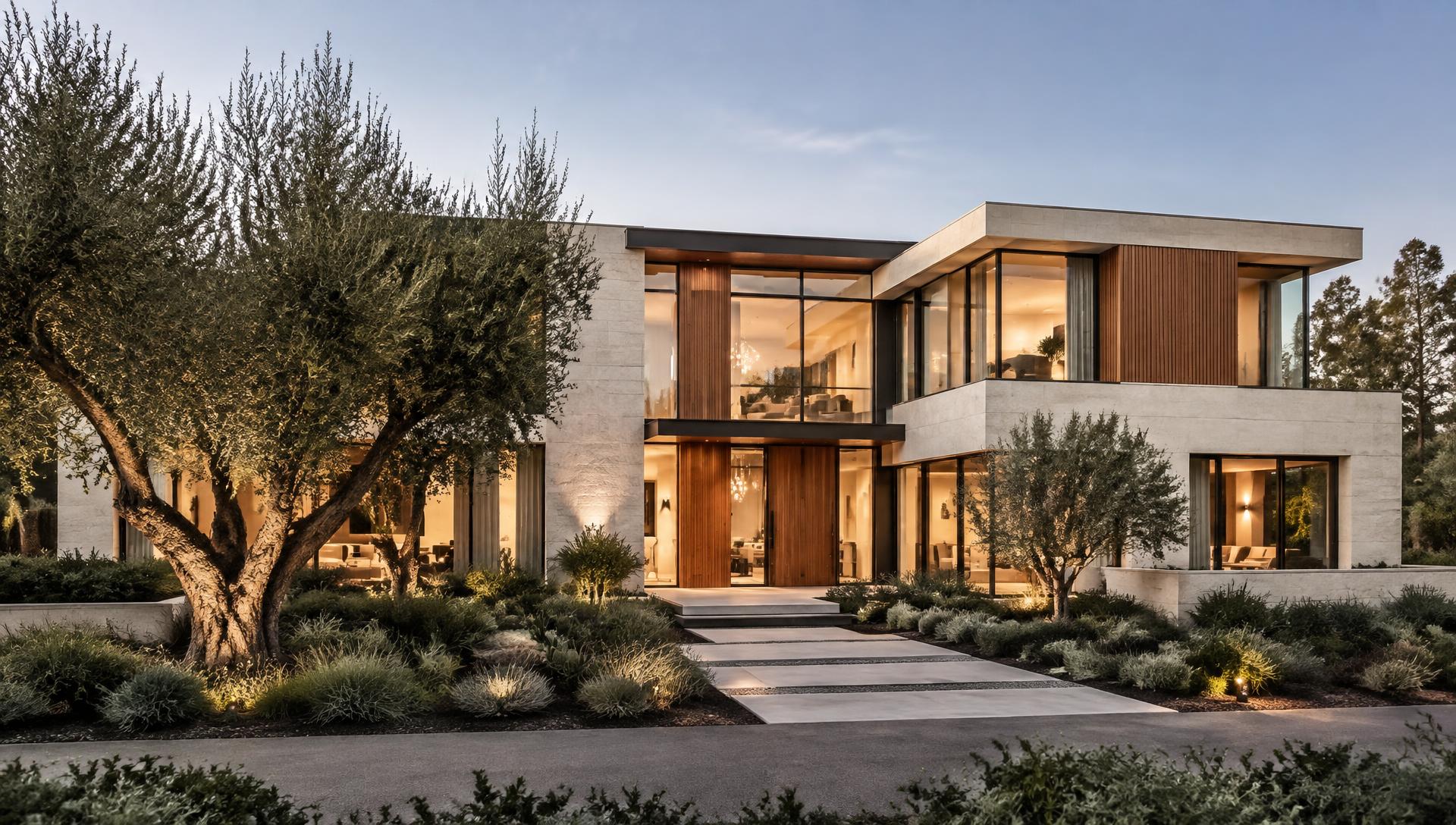Contemporary residence with stone facade and landscaped entrance